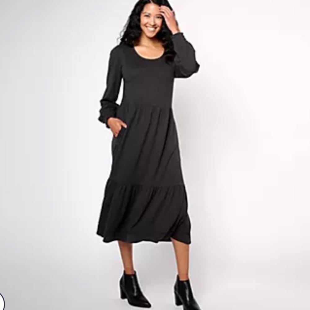 NWT Denim & Co Canyon Retreat XS Gray Easy‎ Knit Cotton Midi Dress Lace Trim New